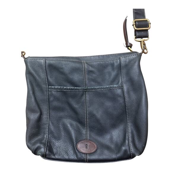 Fossil Black Leather Crossbody Bag –Multi Pocket Messenger Purse, Brass Hardware - Picture 3 of 8